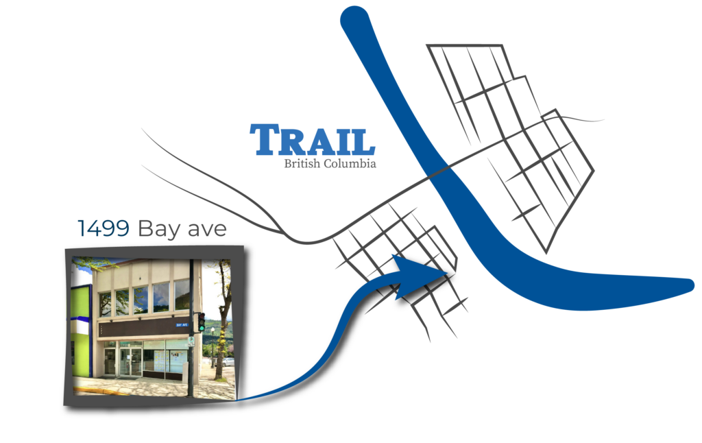 Map of Trail, BC with an arrow pointing to the location of the Lower Columbia Initiatives Corporation on the map