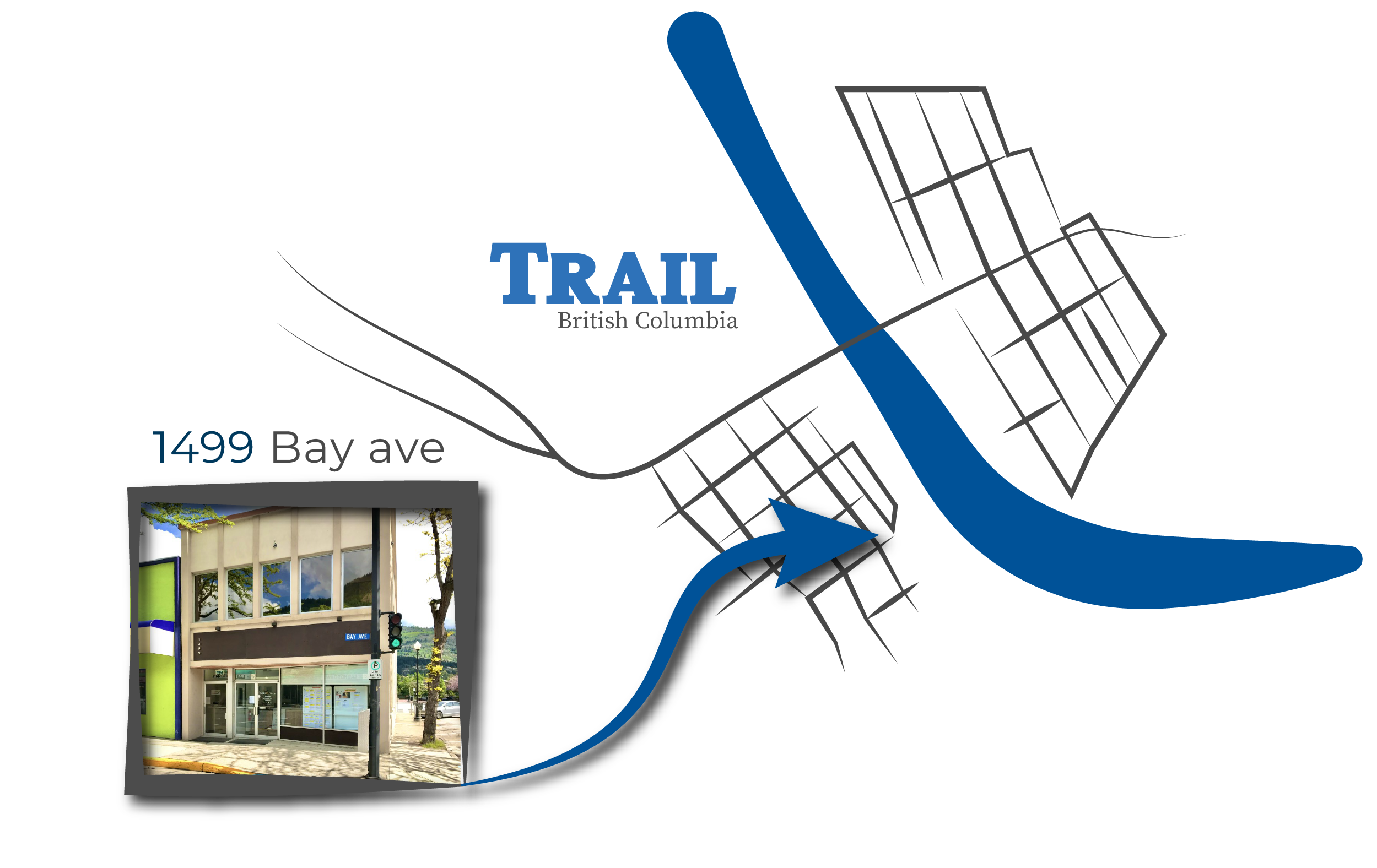 Map of Trail, BC with an arrow pointing to the location of the Lower Columbia Initiatives Corporation on the map